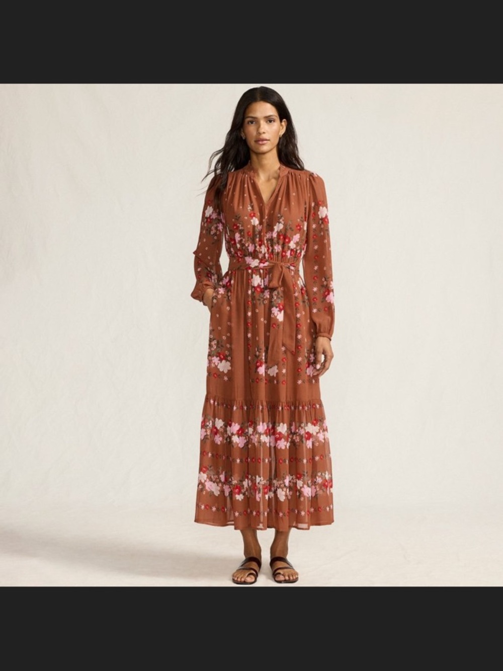 Lands' End Women's Chiffon Tiered Long Sleeve Maxi Dress (size L)